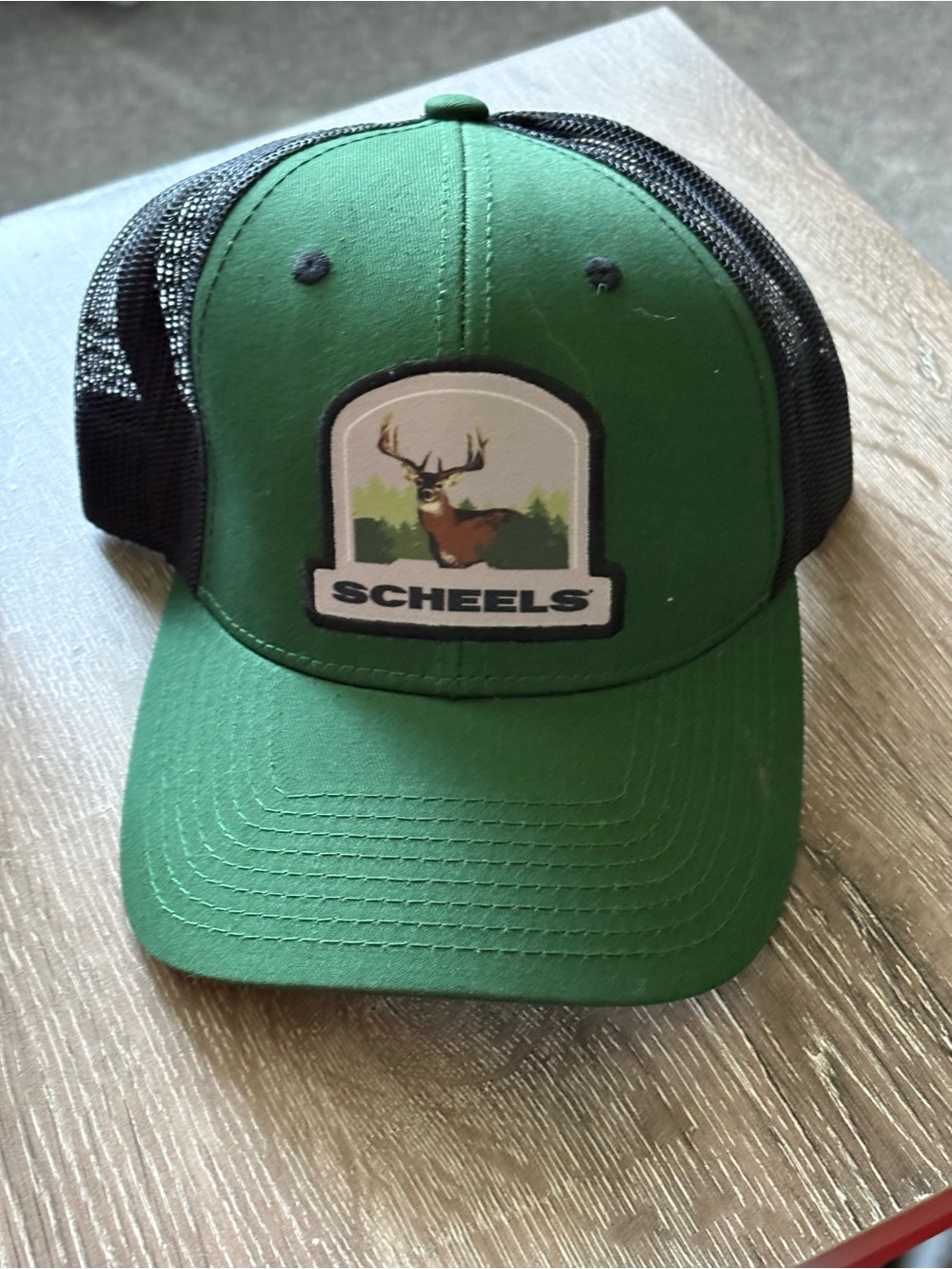 SCHEELS Green/Black Trucker Hat Mesh Back Adjustable One Size Deer Patch NWT